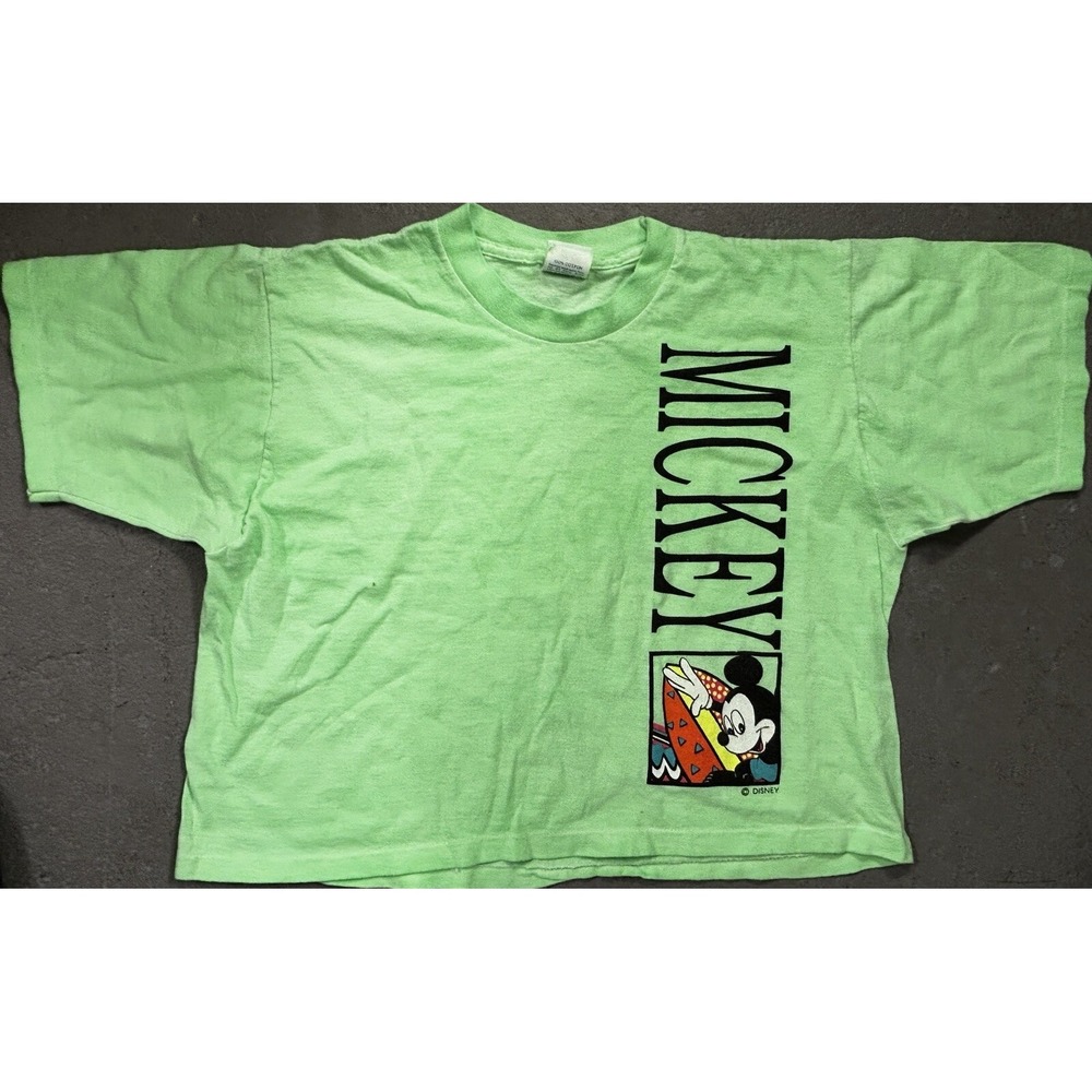 Vintage Disney Mickey Mouse Cropped T-Shirt Neon Green Graphic Medium 90s